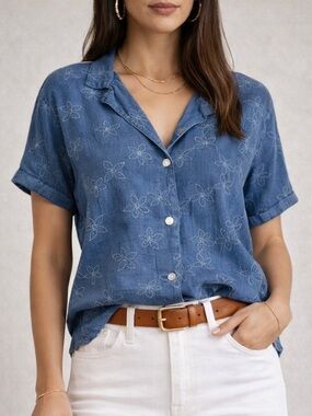 Cloth & Stone Embroidered Chambray Button Front Camp Shirt Rayon Linen Size M